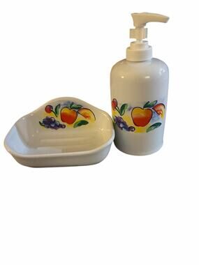Vintage Corelle Abundance Fruit Ceramic Soap Dish & Lotion Dispenser Pump Set